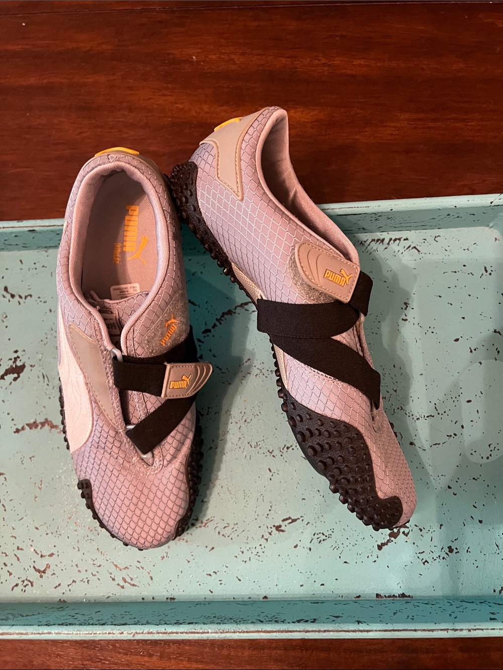 Puma Women’s Slip-On Sneakers in Gray & Wht with Black Straps and Yellow Accents